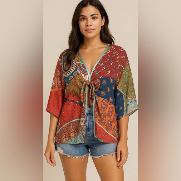 CAbi Tops - Cabi Patchwork Paisley Tie-Front Kimono Top Boho Festival Scarf Print Small‎